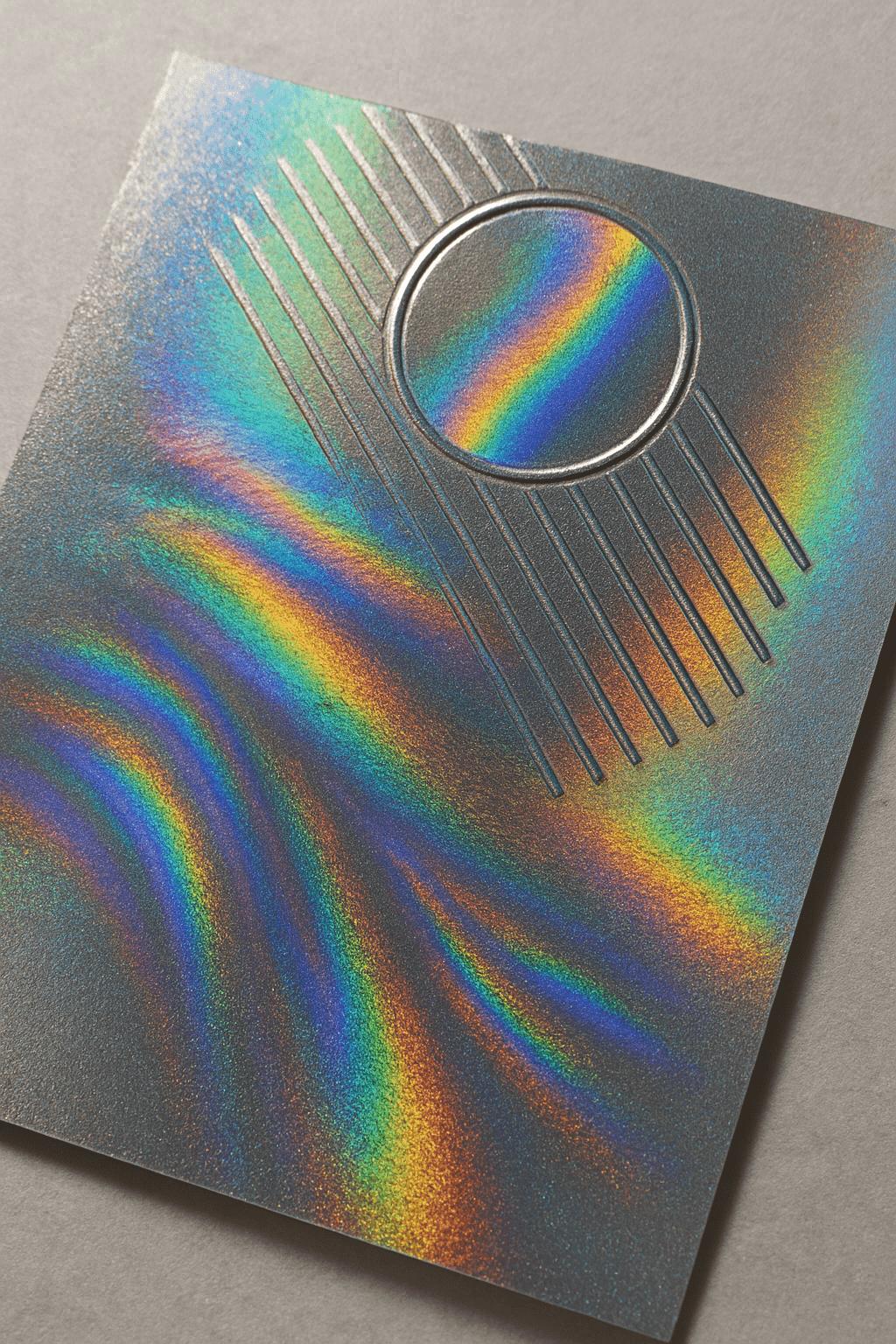 Close-up of a holographic specialty print finish with embossed details